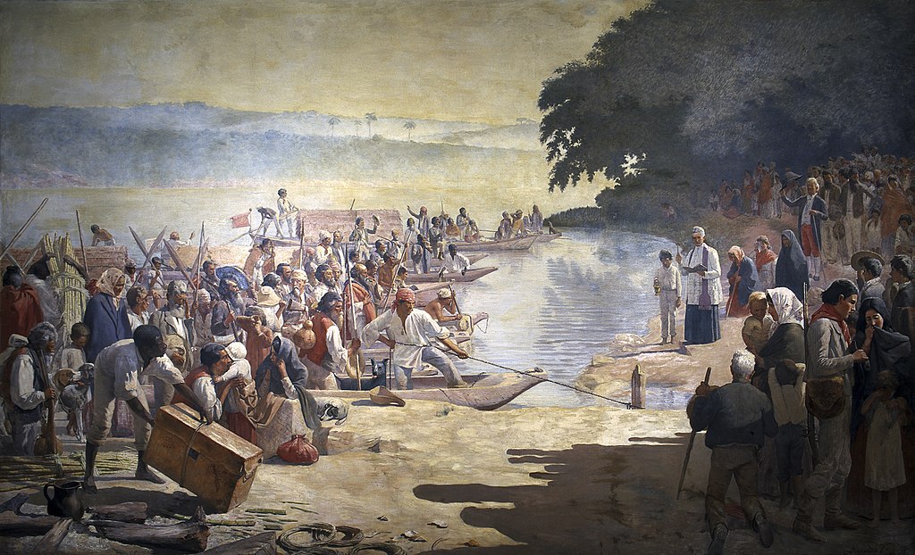 Almeida Júnior, "A Partida da Monção", 1897. Óleo sobre tela, 390 x 640 cm. Acervo Museu Paulista, Universidade de São Paulo. Domínio público.
