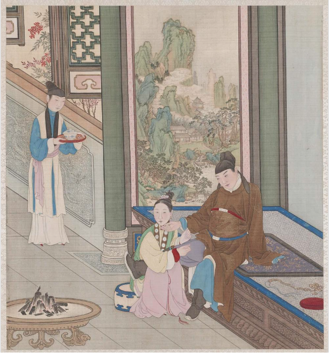 Pintor anônimo, "Cenas domésticas de uma residência opulenta", China, Dinastia Qing (séc. XVIII). Tinta, pigmento e ouro sobre seda, 40 x 37 cm. Museum of Fine Arts, Boston.